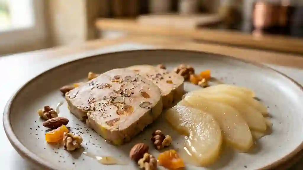 Foie gras fondant, fruits secs et poires - Photo de présentation