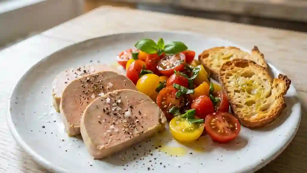 Foie gras mi-cuit express, croquant de tomates - Photo de présentation