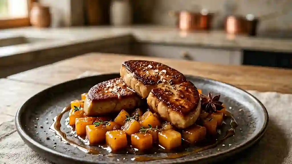 Foie gras fondant aux coings caramélisés - Photo de présentation