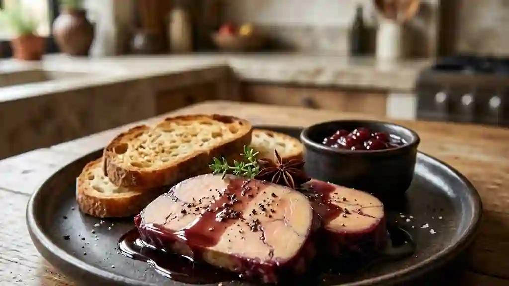 Foie gras fondant infusé au vin épicé - Photo de présentation