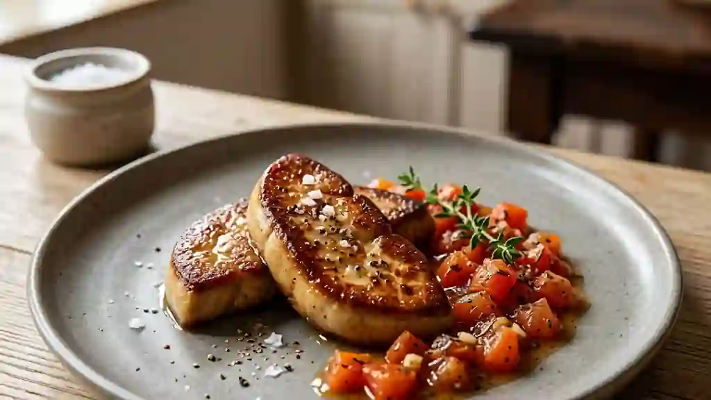 Foie gras poêlé aux tomates confites et ail - Photo de présentation