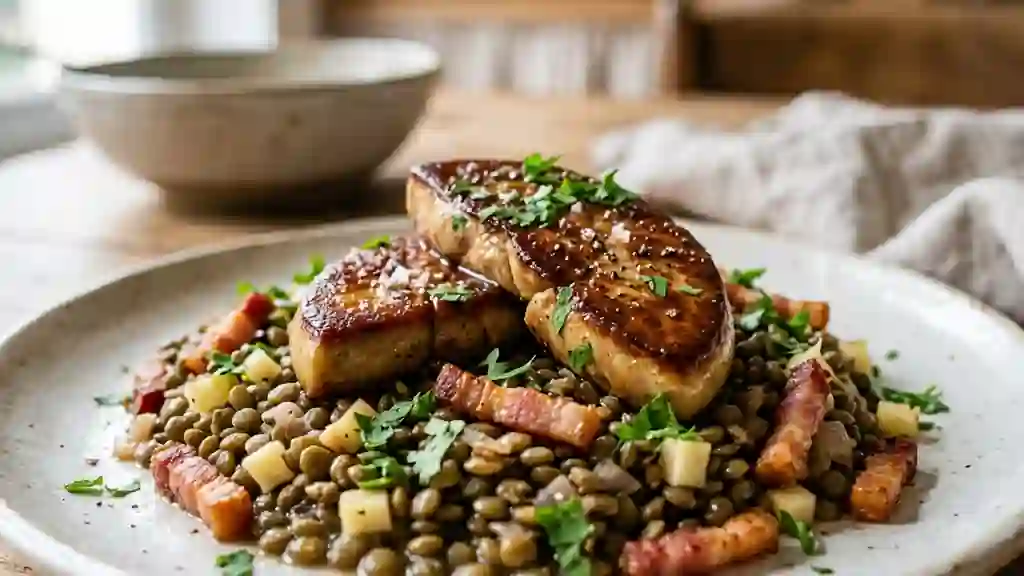 Foie gras poêlé aux pommes et lentilles fumées - Photo de présentation