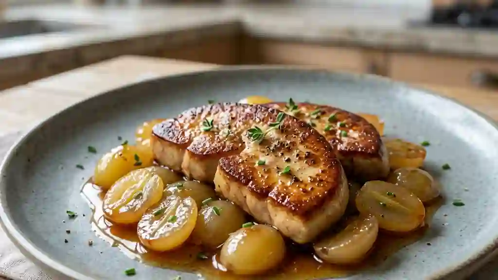 Foie gras poêlé fondant aux raisins caramélisés - Photo de présentation