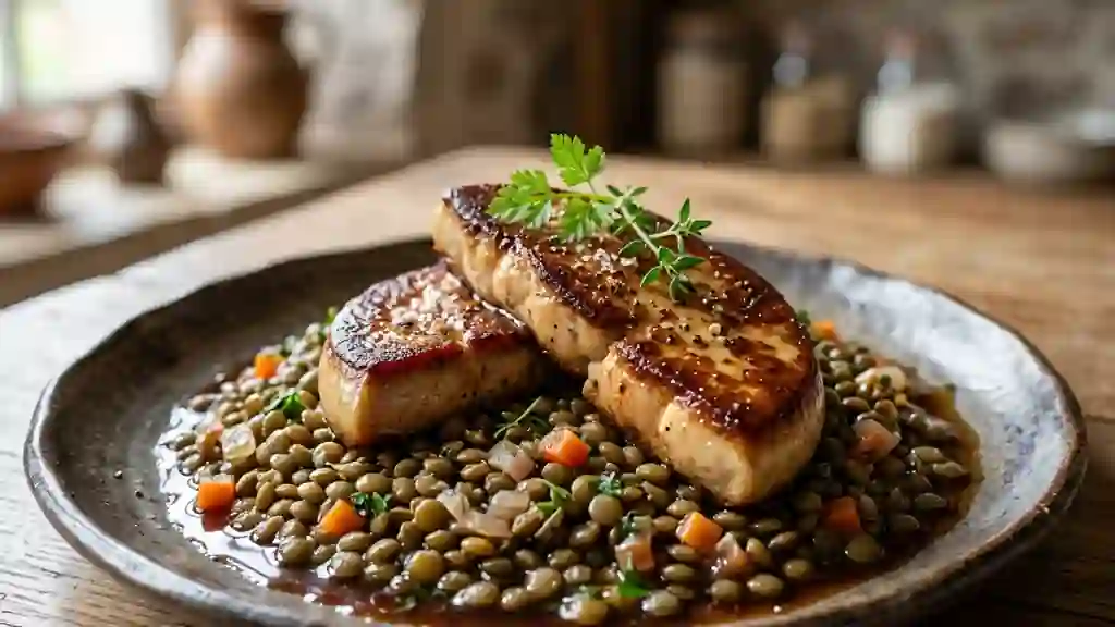 Foie gras poêlé et lentilles fondantes - Photo de présentation