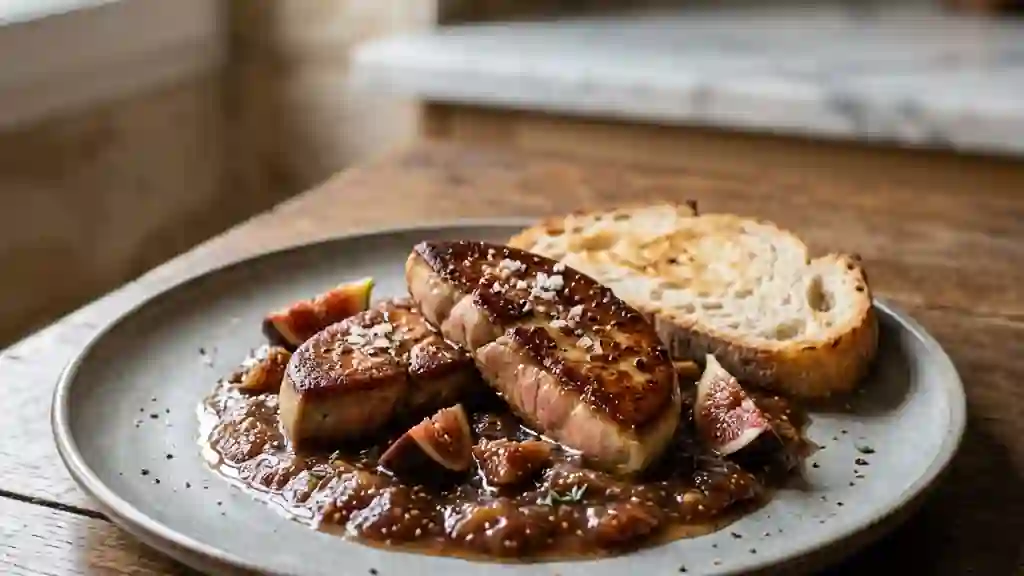 Foie gras poêlé et sa purée de figues fondante - Photo de présentation