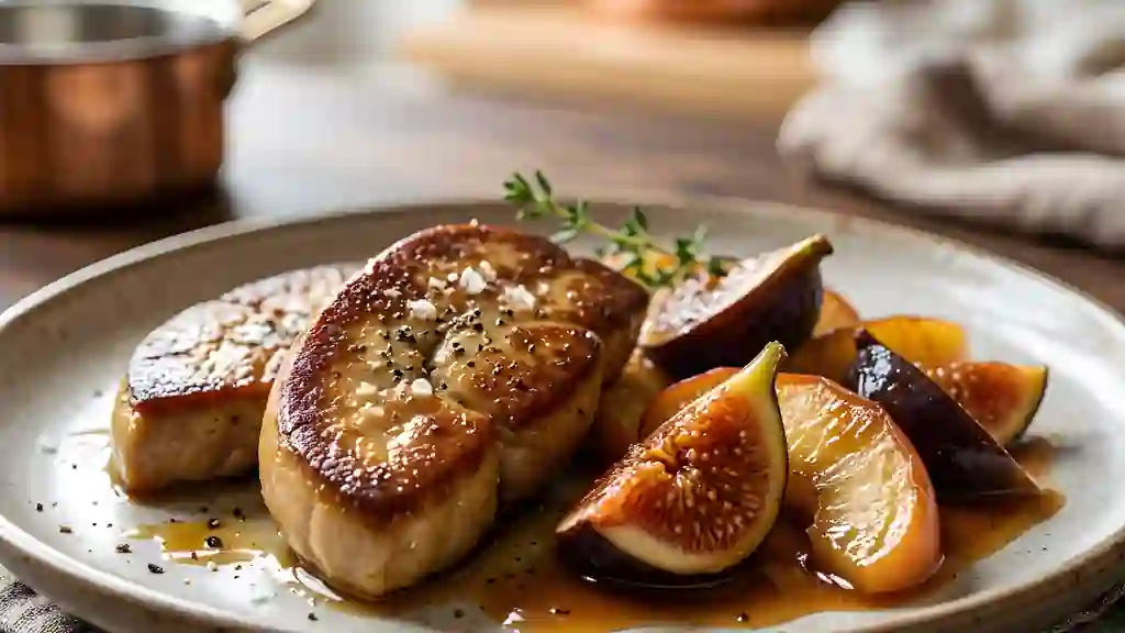 Foie gras poêlé, figues et pommes fondantes - Photo de présentation