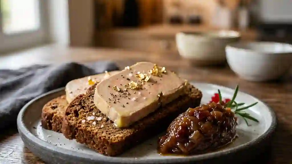 Foie gras fondant sur pain d'épices et dattes - Photo de présentation