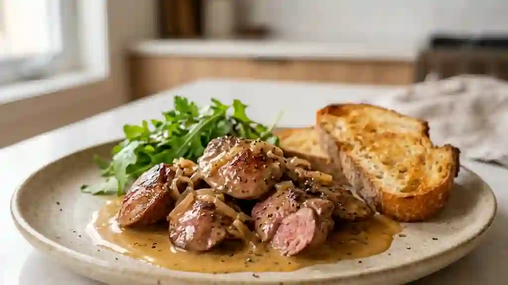 Foies de volaille flambés, sauce onctueuse - Photo de présentation