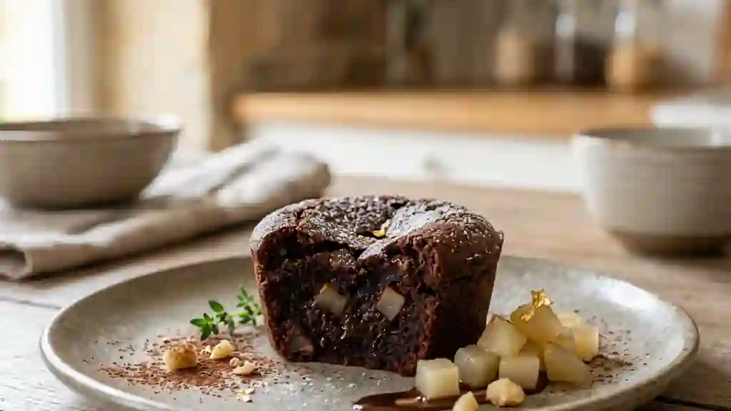 Fondant chocolat, poire et cœur pâte d'amande - Photo de présentation