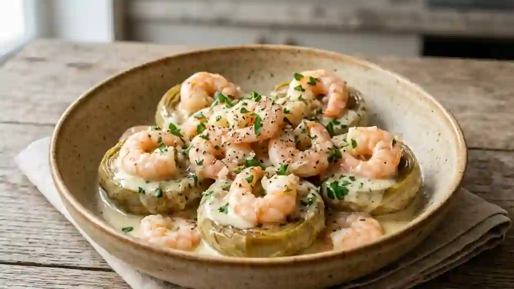 Fonds d'artichauts et crevettes à la crème - Photo de présentation