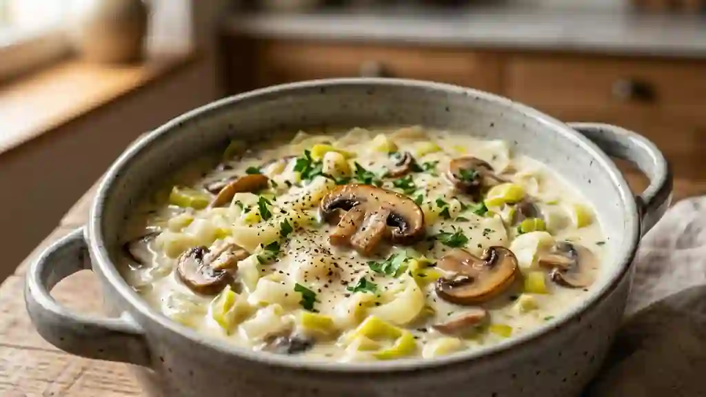 Fondue de poireaux crémeuse aux champignons - Photo de présentation