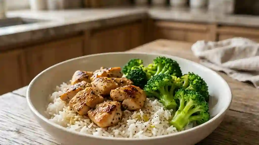 Poulet Saisi à l'Ail, Riz Basmati et Brocoli - Photo de présentation
