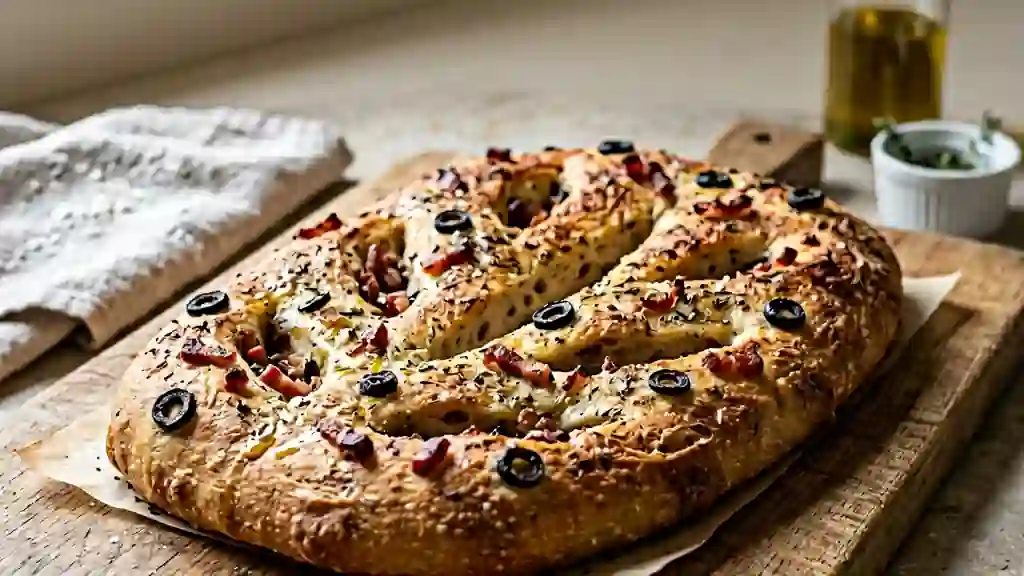 Fougasse moelleuse aux olives et lardons fumés - Photo de présentation