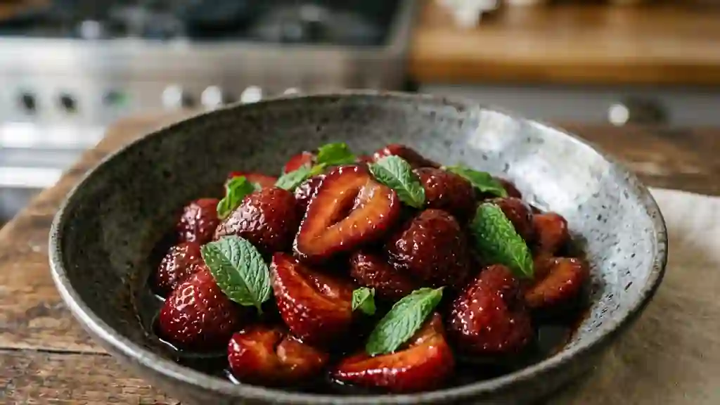 Fraises poêlées, caramel de balsamique et menthe - Photo de présentation