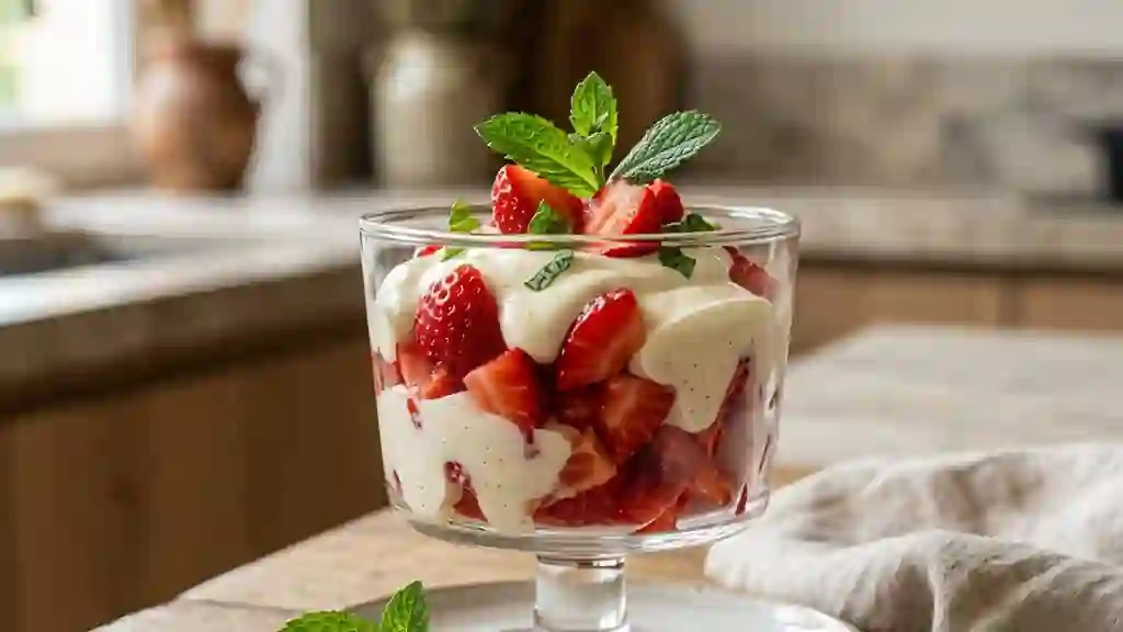 Fraises fraîches à la crème citronnée et menthe - Photo de présentation