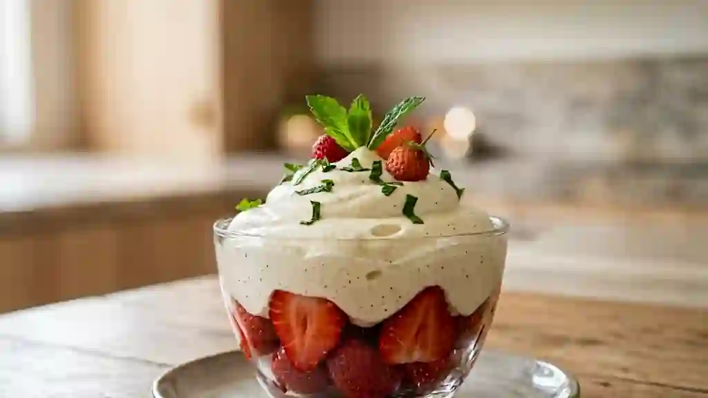Fraises fraîches et nuage de fromage blanc vanillé - Photo de présentation