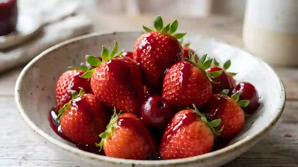 Fraises fraîches et coulis de cerises acidulé - Photo de présentation