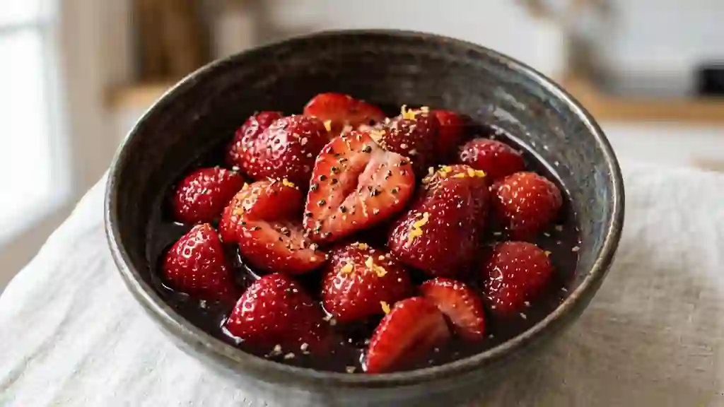 Fraises marinées au vin rouge corsé et poivre - Photo de présentation