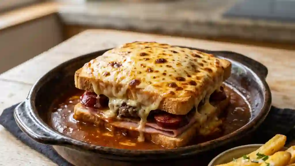 Francesinha fondante au fromage et sauce bière - Photo de présentation