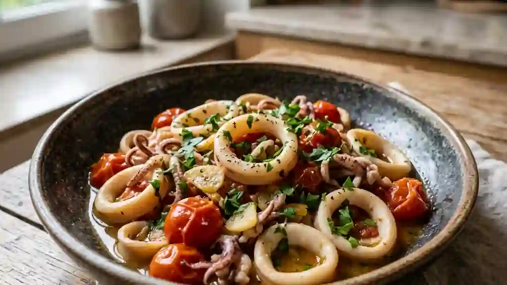 Calamars fondants ail et tomates cerises - Photo de présentation