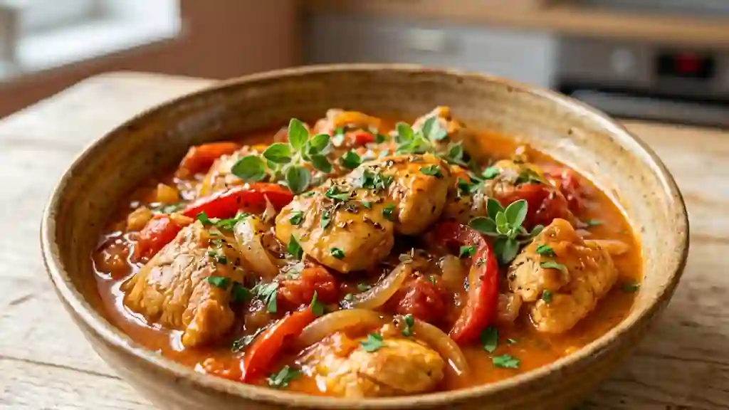 Dinde mijotée aux poivrons et tomates juteuses - Photo de présentation