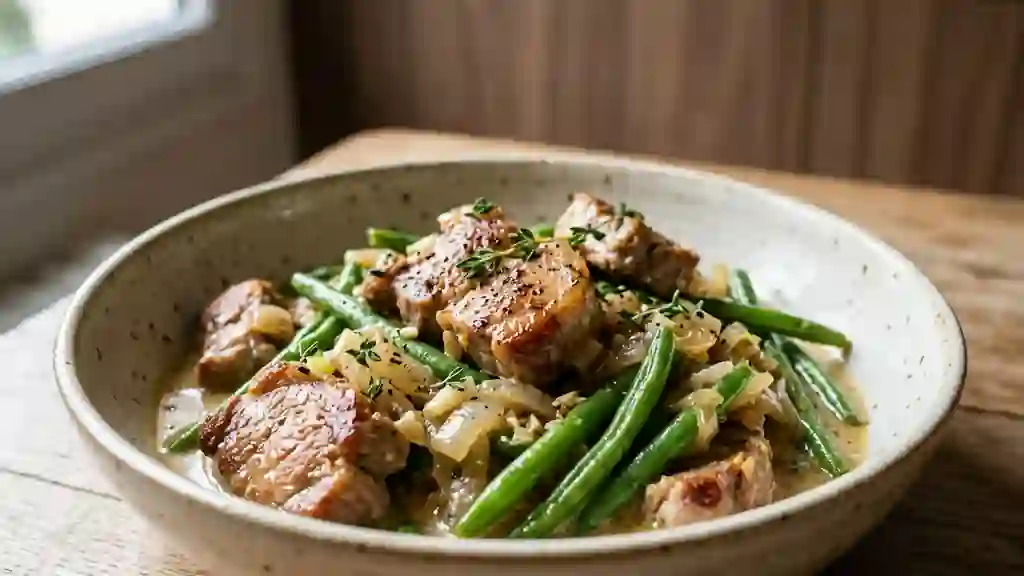 Fricassée de porc crémeuse aux haricots verts - Photo de présentation