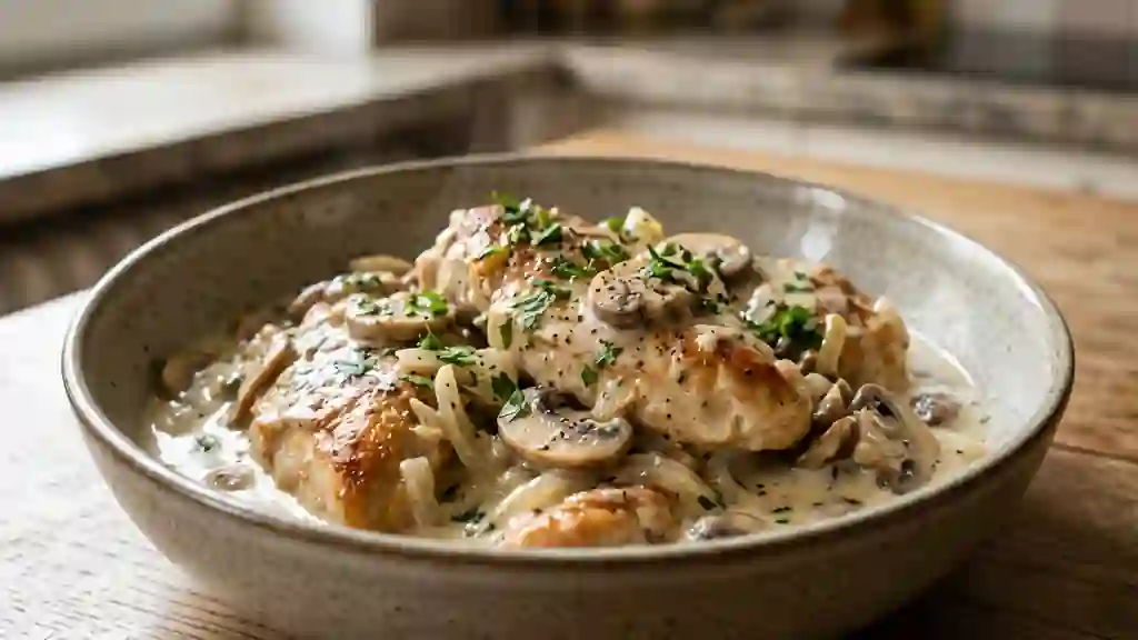 Poulet à la crème et champignons fondants - Photo de présentation