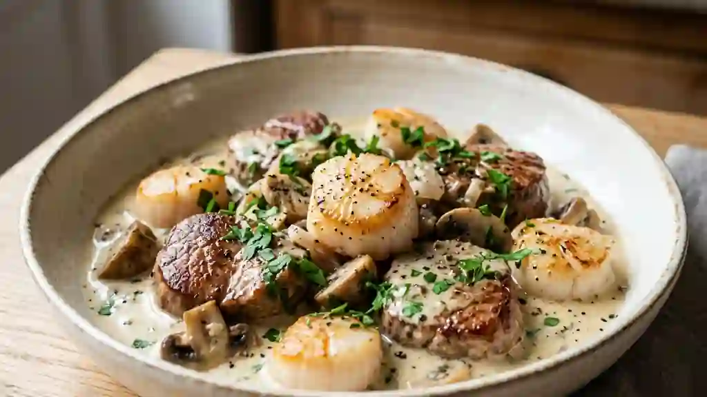 Duo terre-mer veau et Saint-Jacques onctueux - Photo de présentation