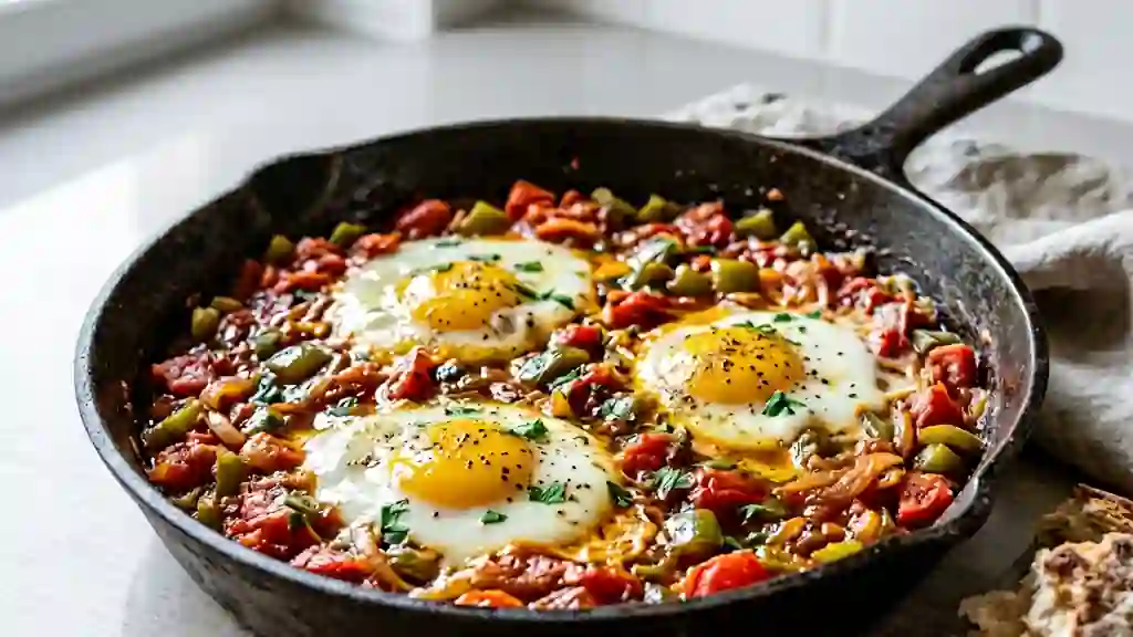 Frita fondante aux poivrons et œufs pochés - Photo de présentation