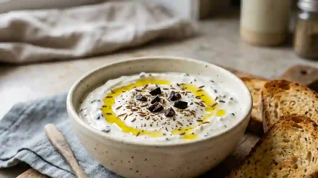 Crème de fromage blanc au cumin et olives noires - Photo de présentation