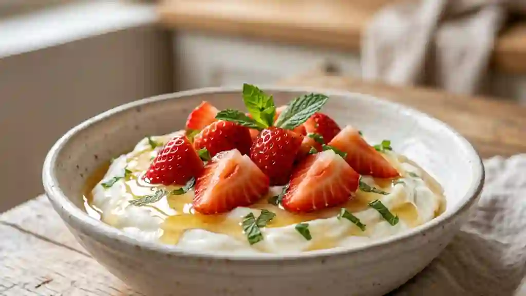 Fromage blanc onctueux aux fraises et miel - Photo de présentation