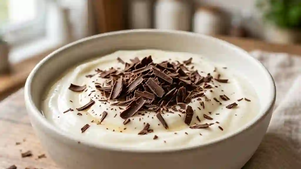 Fromage blanc velouté et copeaux de chocolat noir - Photo de présentation