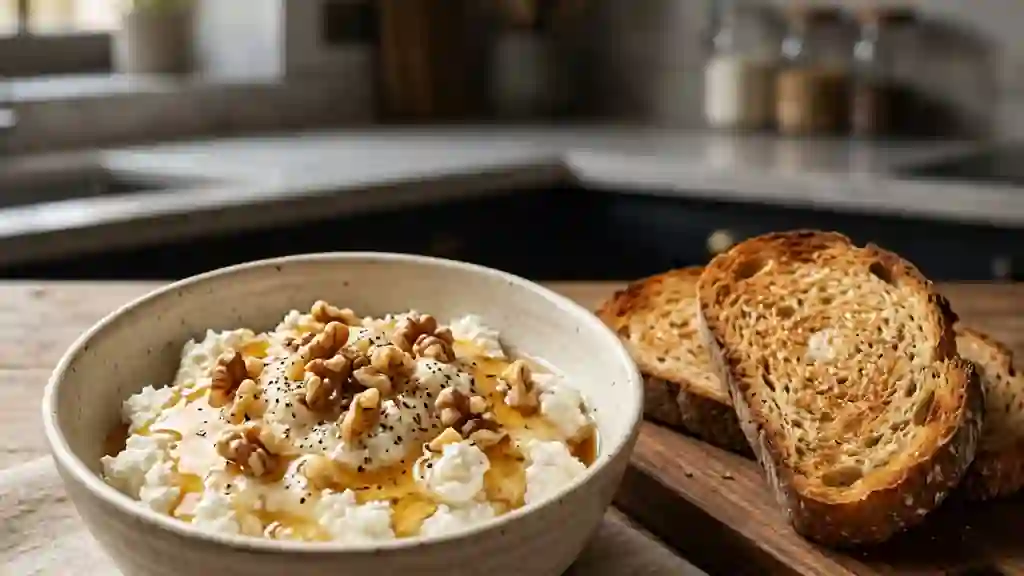 Chèvre frais crémeux au miel et noix croquantes - Photo de présentation