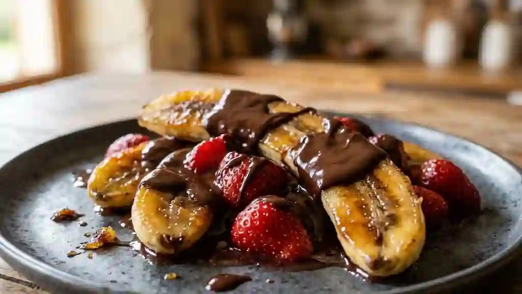 Duo de fruits caramélisés au chocolat fondu - Photo de présentation