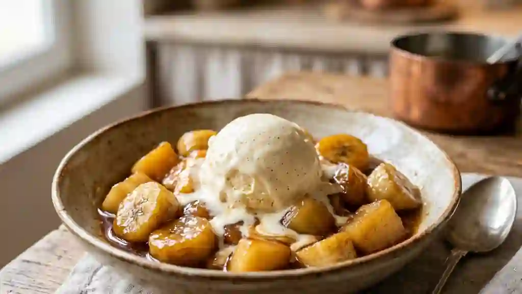 Fruits caramélisés flambés et vanille givrée - Photo de présentation