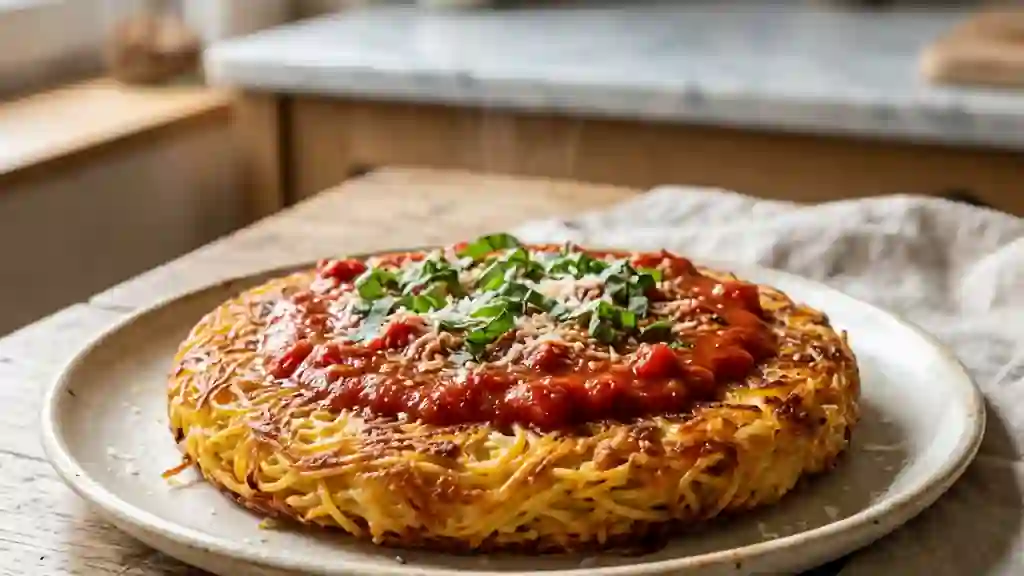 Galette de pâtes dorée au fromage et tomate - Photo de présentation