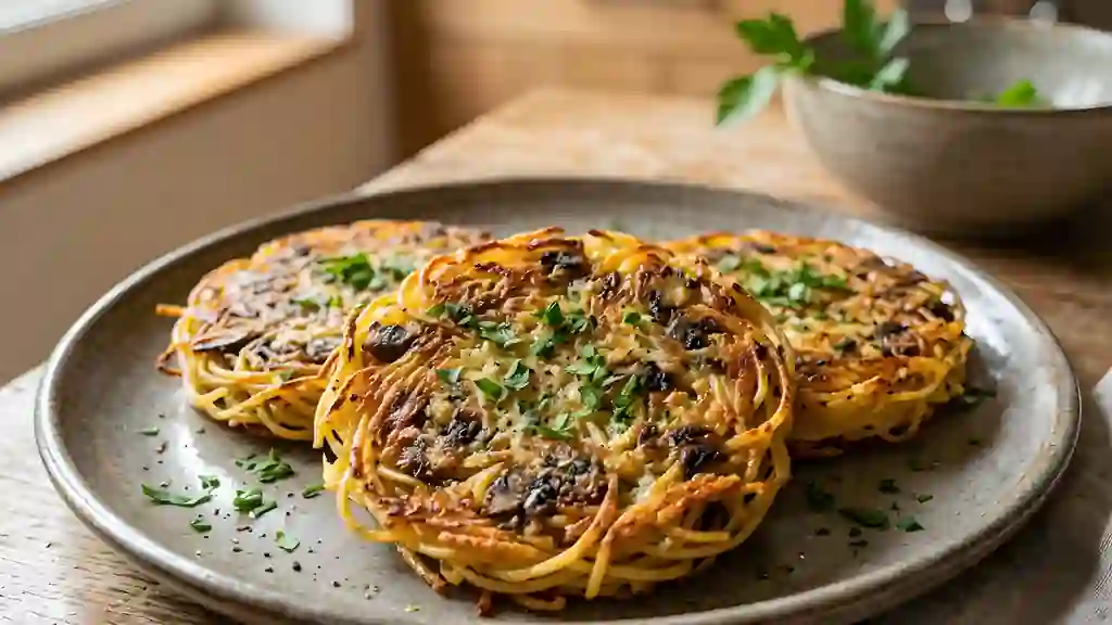 Galettes de spaghetti dorées aux champignons - Photo de présentation