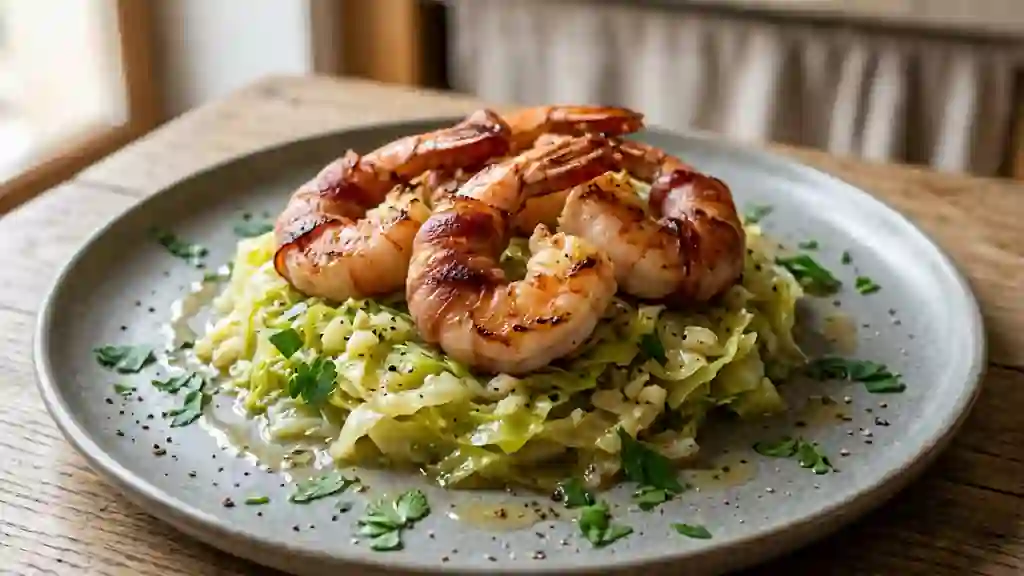 Gambas au lard croustillant et chou fondu - Photo de présentation