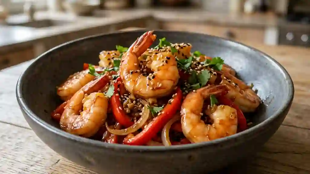 Gambas laquées au miel et gingembre frais - Photo de présentation