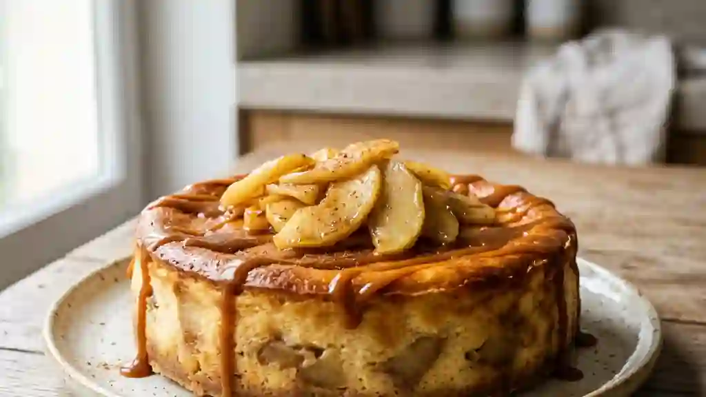 Gâteau fondant au fromage et pommes caramel - Photo de présentation