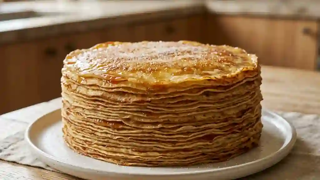 Gâteau de crêpes fondant au rhum et abricot - Photo de présentation