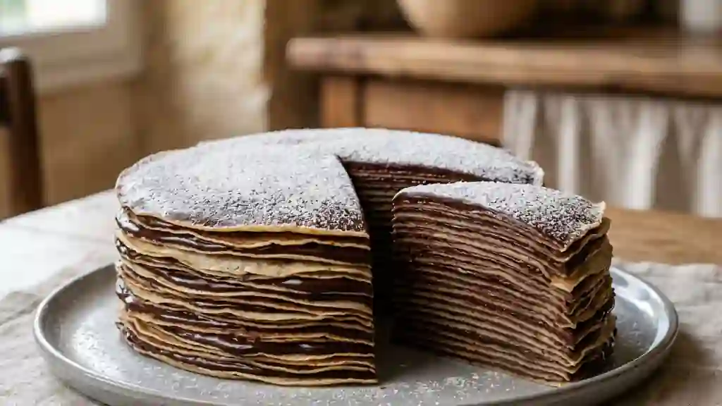 Gâteau de crêpes fondant au chocolat noir - Photo de présentation