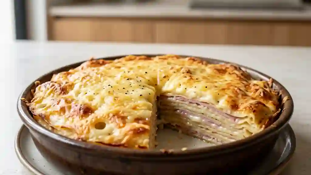Mille-feuille de crêpes jambon-fromage fondant - Photo de présentation