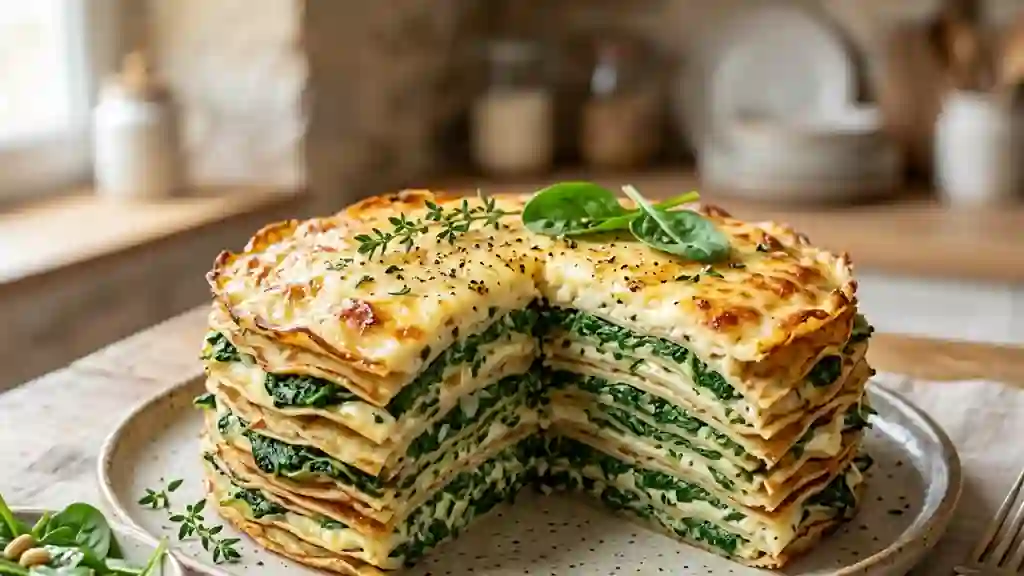 Gâteau de crêpes fondant épinards et fromage - Photo de présentation