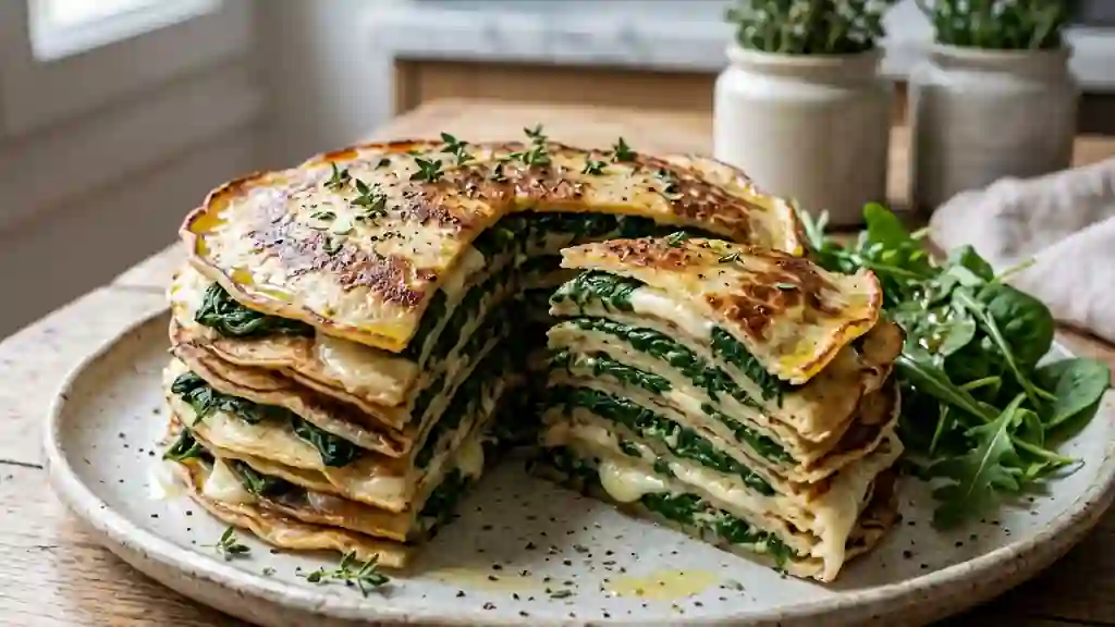 Gâteau de crêpes fondant épinards et chèvre - Photo de présentation