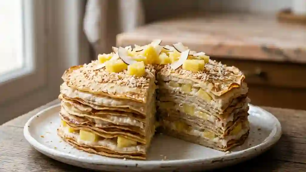 Gâteau de crêpes fondant ananas et coco - Photo de présentation