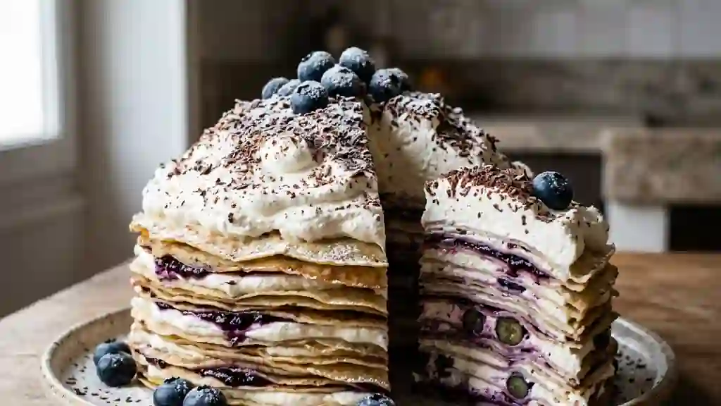 Gâteau de Crêpes Onctueux Myrtille et Chocolat - Photo de présentation