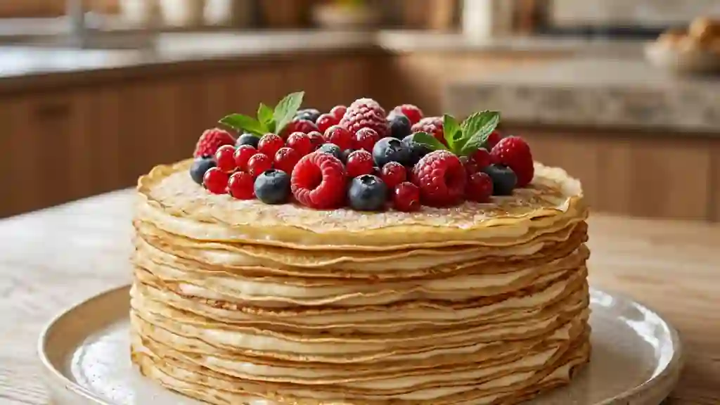 Gâteau de crêpes crémeux et fruits rouges - Photo de présentation