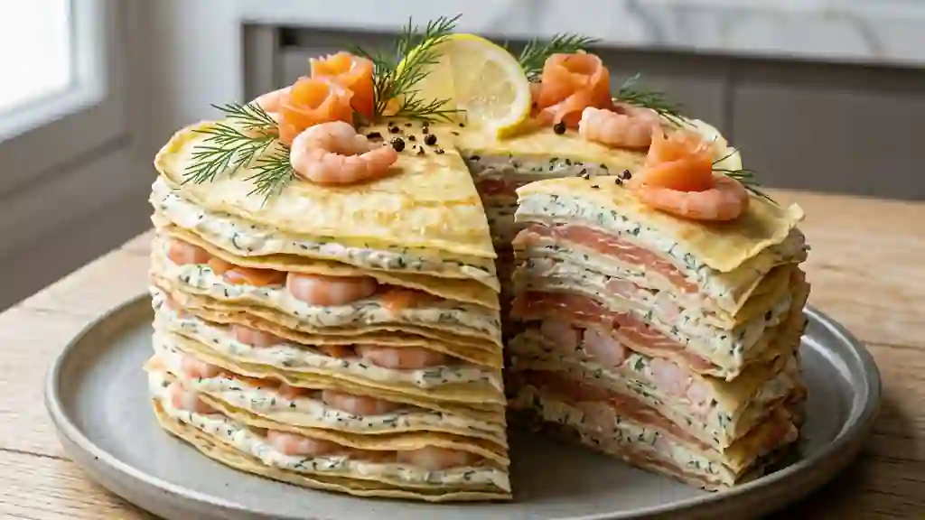 Gâteau de crêpes iodé au saumon et aneth - Photo de présentation