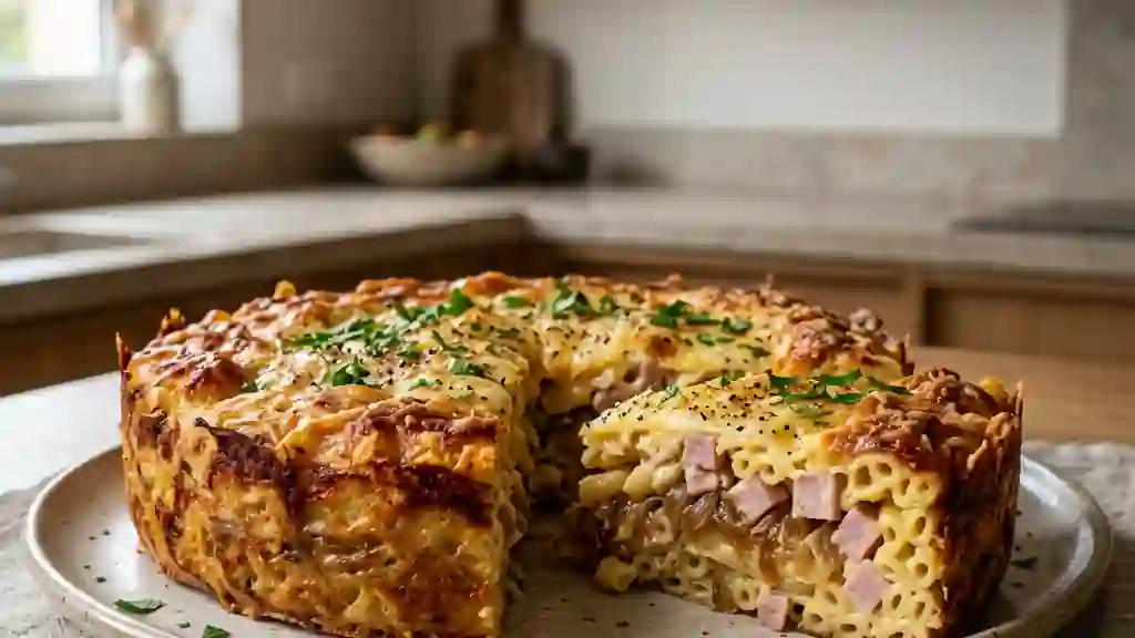 Gâteau de pâtes crémeux jambon et oignons - Photo de présentation